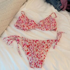 Blackbough Pink & Red Floral Smocked Bandeau Bikini Set